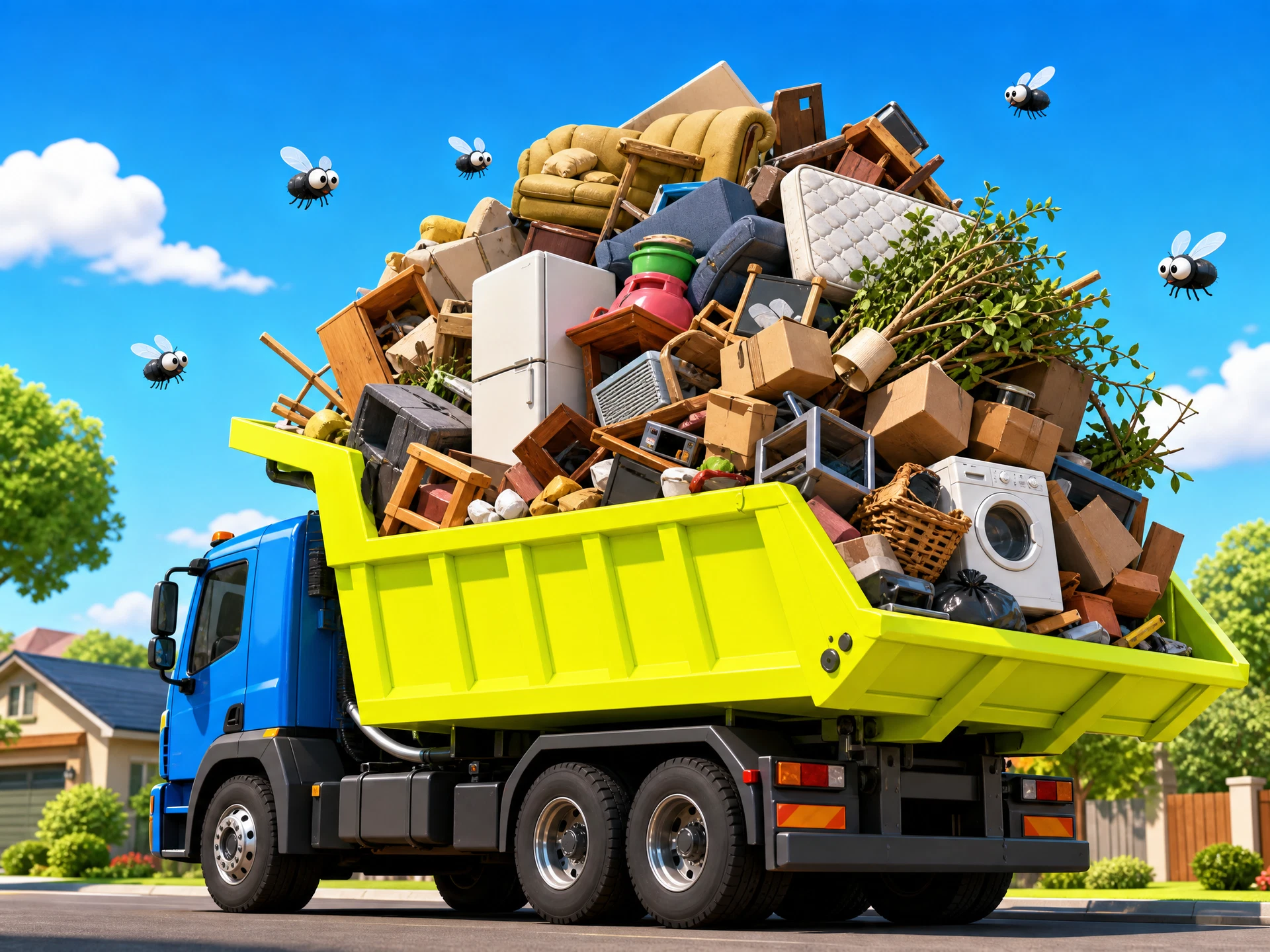 Bright cartoon dump truck overflowing with couches, mattresses, furniture, boxes, appliances and garden waste