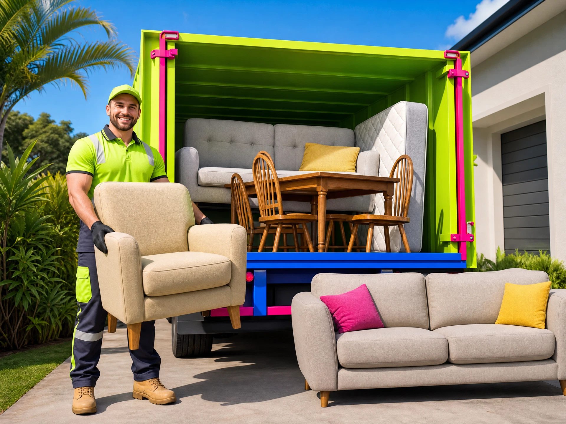 Furniture removal scene with an old sofa, chairs, table and mattress ready for collection