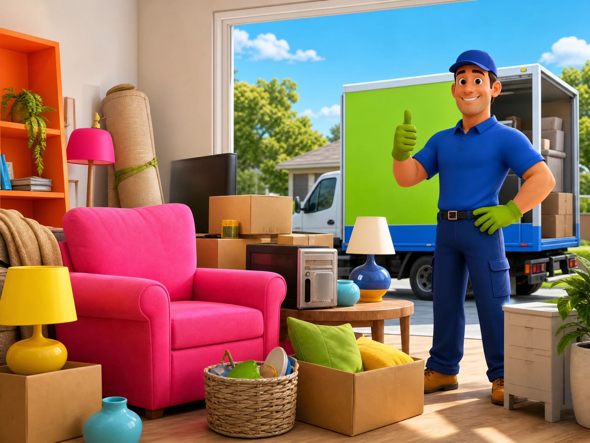 House cleanout scene with unwanted furniture, boxes, lamps and mixed household items