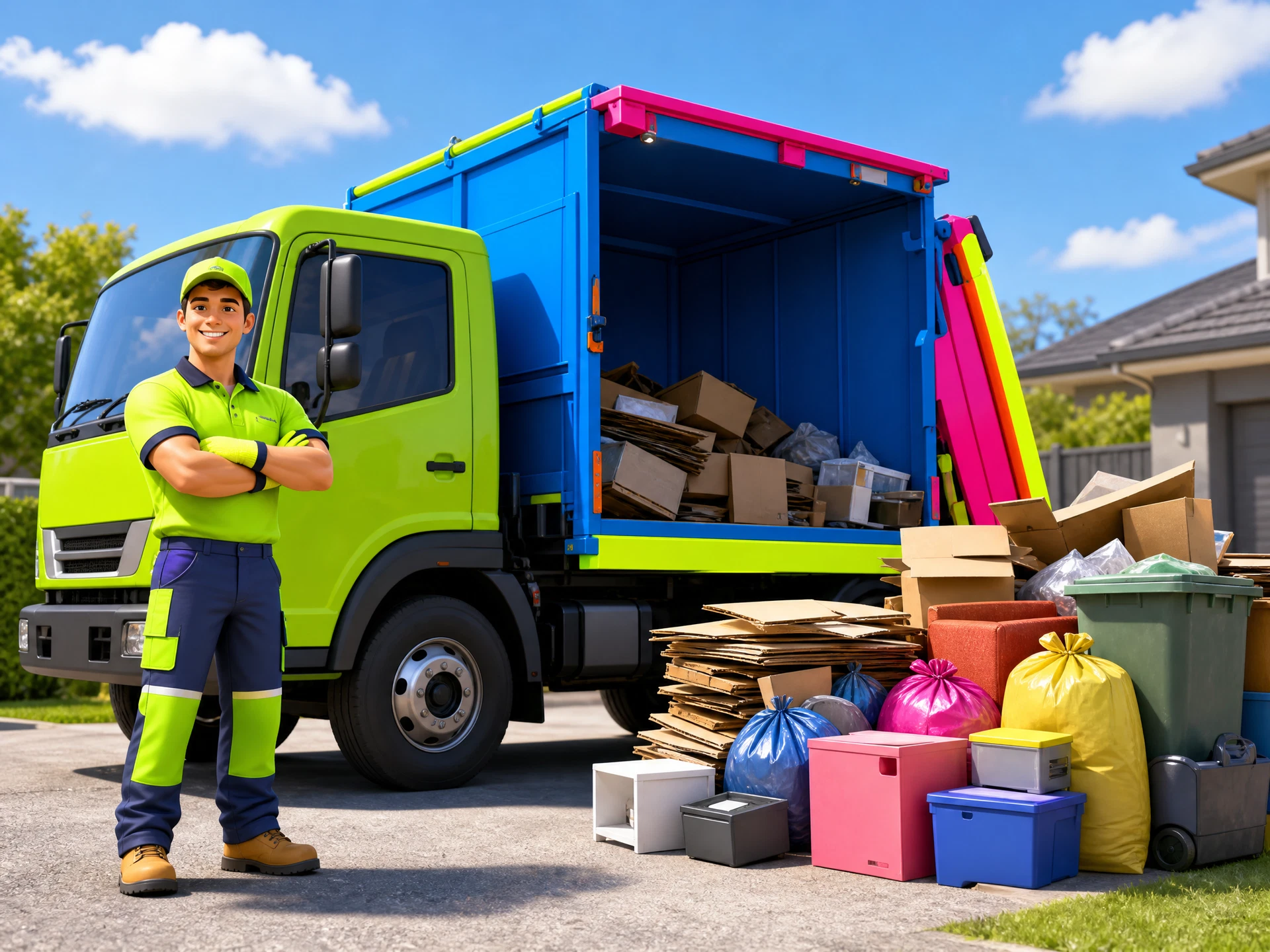 Household rubbish removal scene with cardboard boxes, bags and everyday household waste